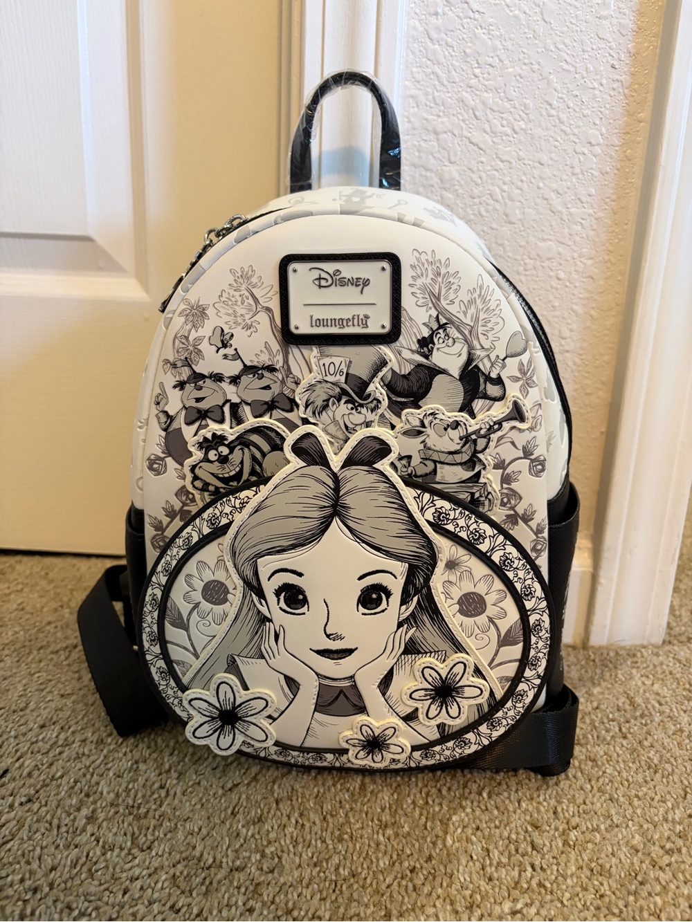 Exclusive D23 Loungefly Black & White Alice in Wonderland Mini Backpack